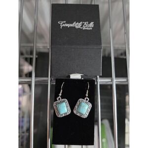 Completely Bella Turquoise Color Stone Dangle Earrings Square Silver Tone Boxed‎